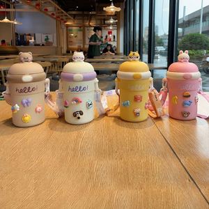Wholesale <b>Cute</b> Straw Water Bottle Comes with 3D <b>Cute</b> <b>Bear</b> Stickers Straw Cup Large Capacity Cartoon Strap Water Cup - Product Image 1