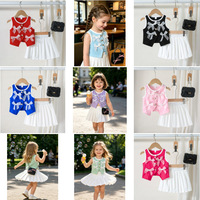 Ensemble d'été 2026 pour filles, gilet sans manches avec nœud en ruban et jupe plissée blanche, style preppy pour tout-petits, vêtements de mode en gros