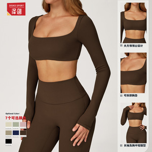 Zechuang – haut de yoga à manches longues pour femmes, haut court à col carré, couleur unie, chemise de fitness, T-Shirt de sport à séchage rapide, CCX8232 - Product Image 2