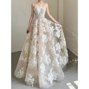 Strapless Lace Ball Gown Wedding Dress Floral Embroidered Organza Tulle Natural Waistline Bridal Reception Dress - Product Image 3