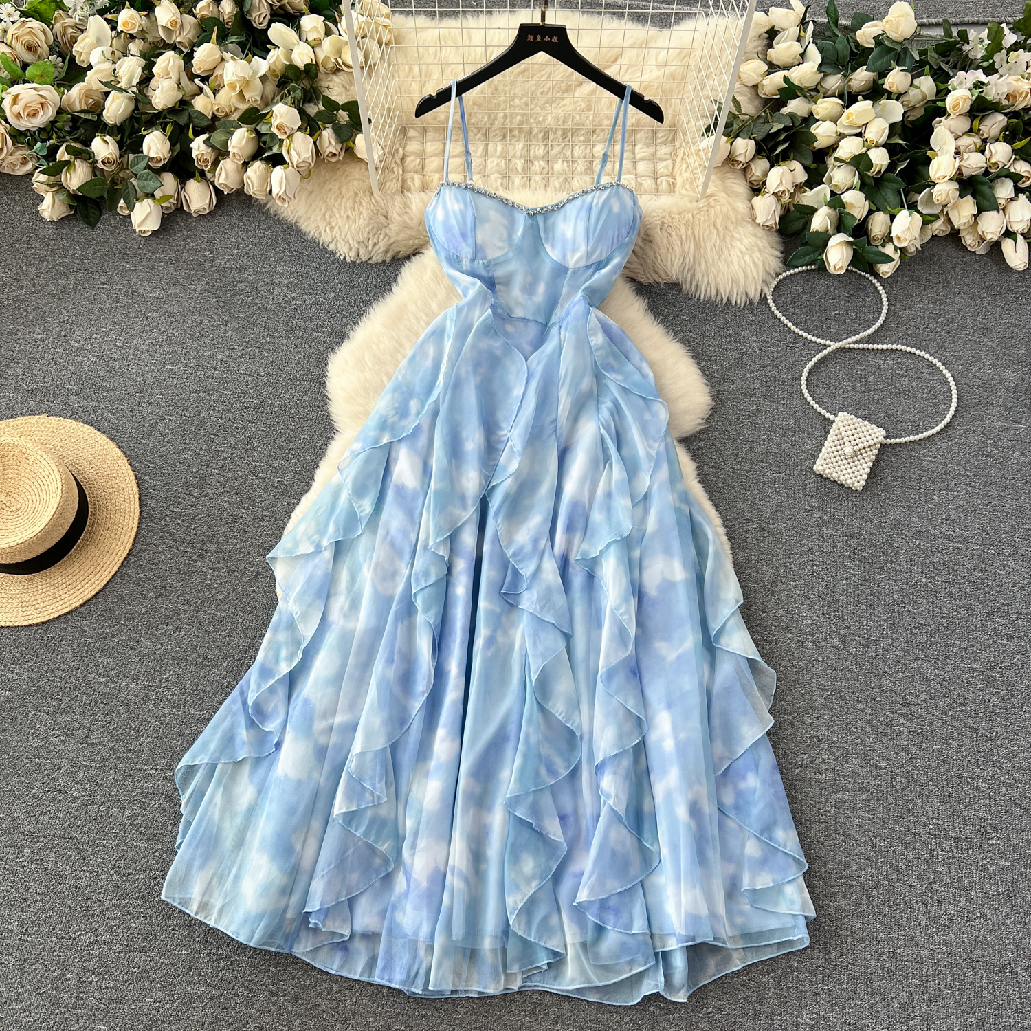 navy blue dress for baby girl Halter Dress Heavy LW1247 Beaded Strapless Ruffle Hem A-Line Dress Women'S  Elegant Sleeveless Gown Waist Mesh Dress| Alibaba.com