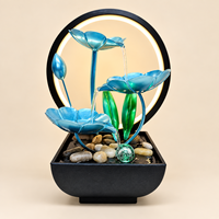 Fontaine d'eau de table en métal bleu lotus avec cascade et anneau LED chaud, alimentée par USB, pour la décoration de la maison, du bureau ou de la table