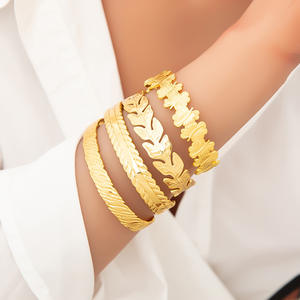 Fashion <b>Bangle</b> Women 18K Gold Plated Stainless Steel Open Bracelet Floral Pattern European Style Jewelry <b>Set</b> - Product Image 2