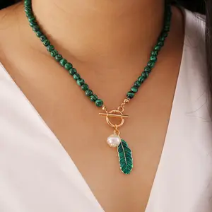 2020 New Creative Malachite Beads w Pearl and Drop Oil Leaf Charms Pendant Beaded Necklace