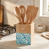 Support de cuisine de luxe en bois de bouleau avec motif imprimé UV Océan de la série Natural House, pour ustensiles et baguettes, avec base en liège, pour comptoir de cuisine