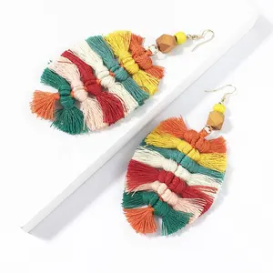 Fashion jewelry suppliers statement bohemia ethnic large Leaf shaped handmade multi colored cotton thread tassel earrings