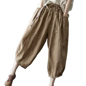 Toptan kadın Fold elastik bel dokuz puan geniş bacak bir kemer keten rahat pantolon
