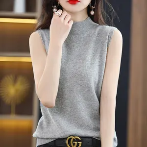 Turtleneck pakaian wanita grosir kustom Logo wanita Sweater Pullover setengah tanpa lengan rajutan Gadis Sweater rajutan
