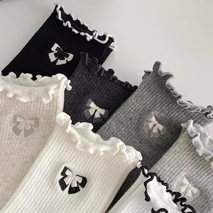 Women's Ruffled Slouch <b>Socks</b> Bow Pattern Mid-Calf Breathable Sweat-Absorbing Polyester Fiber Casual <b>Socks</b> For Youth - Product Image 3