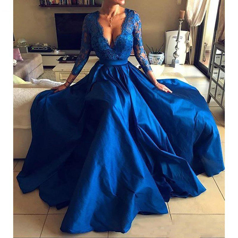 Long Sleeve Inexpensive Evening Gown Royal Blue Evening Gowns
