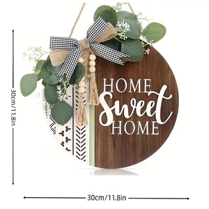 1 pezzo di benvenuto rotondo per la porta d'ingresso ghirlanda decorazione del portico in legno casa dolce casa bohémien all'aperto segno corona di foglie artificiali - Product Image 5