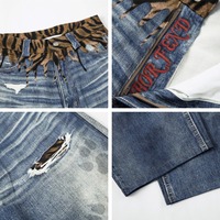 Jean en denim pour homme américain, décontracté, léger et respirant, taille mi-haute, coupe ample, style déchiré, patchwork, motif camouflage tigre et empreintes de griffes