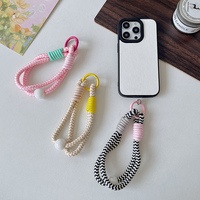 Cinturino da Polso Mini Intrecciato a Mano in Nylon con Decorazione di Perle e Gancio, Portachiavi Bicolore per Chiavi, Borsa, Telefono