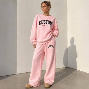 Ensemble survêtement décontracté pour femme grande taille : sweat-shirt col rond et pantalon large 100 % coton avec logo personnalisé - Product Image 3