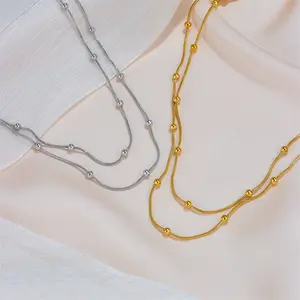 NUORO Stainless Steel Round Snake Bone Chain Necklace Jewelry Accessories Double Layer Clip Beads Chain Choker Necklace