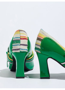 Scarpe da Festa Xuanhui con Tacco a Blocco 7,5 cm, Punta a Spillo, Stile Mary Jane, Motivo Intrecciato Etnico, Verdi a Righe Colorate - Product Image 6