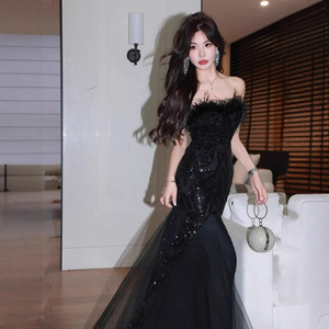 Strapless Evening Gown Black Ostrich Feather Sequined Mermaid Tulle Skirt Natural Waistline For Banquets Weddings Art Exams - Product Image 4