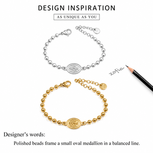 Beaded Oval <b>Medallion</b> Bracelet , Stainless Steel, 18K <b>Gold</b> Vacuum Plated, <b>Gold</b> Tone, 170mm + 40mm - Product Image 2