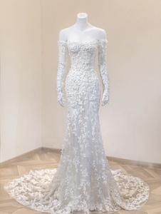 Abito da <span class=keywords><strong>Sposa</strong></span> Lussuoso a Sirena con Spalle Scoperte e Maniche Lunghe, Applicazioni Floreali 3D, Elegante Abito Nuziale - Product Image 2