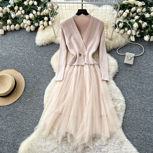 两件套汗衫优雅两件套秋季无袖背心长袖针织连衣裙网眼面板分层两件套女装 - Product Image 1