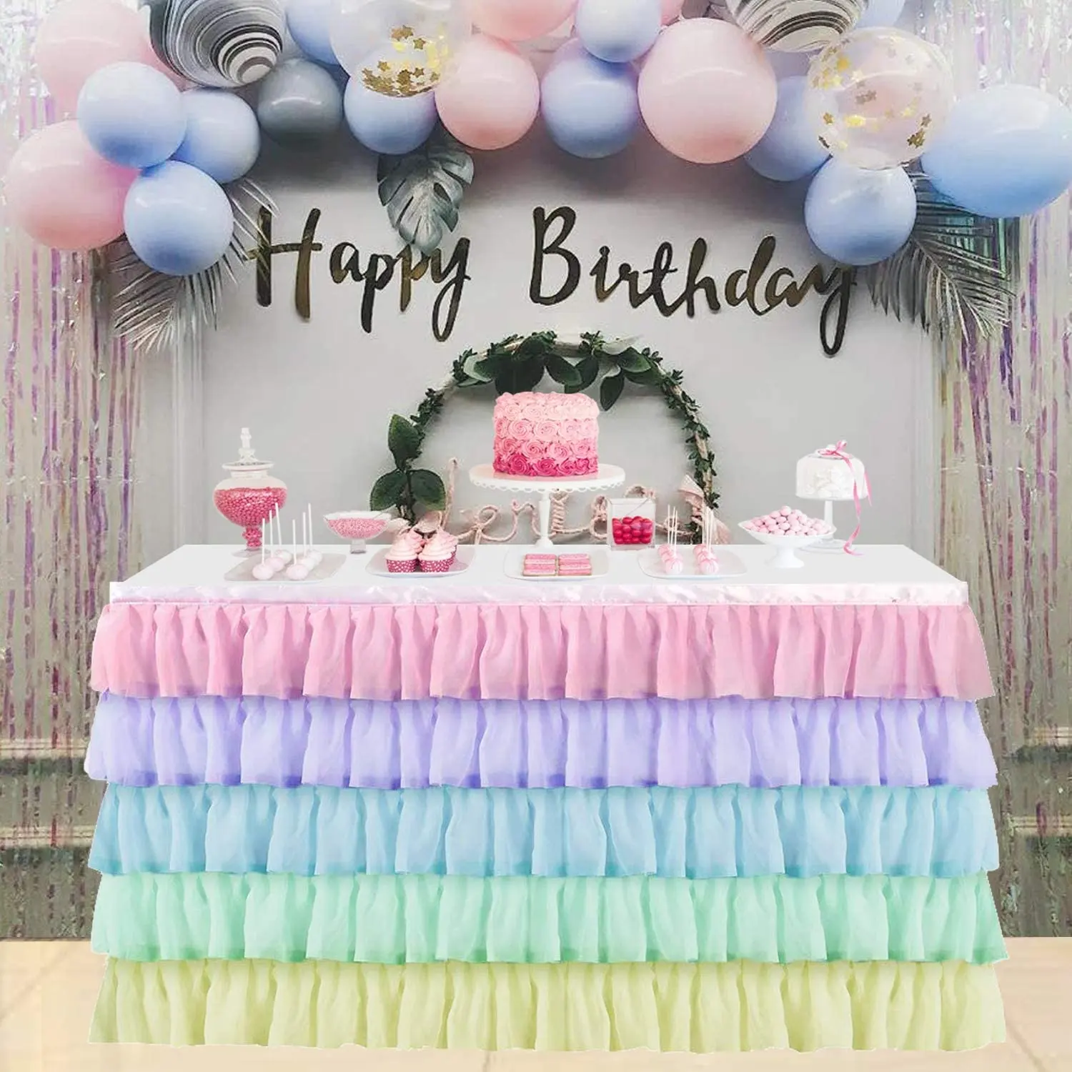 Wholesale custom rainbow tulle ruffled table skirt tutu for birthday baby shower hawaiian bridal table skirting