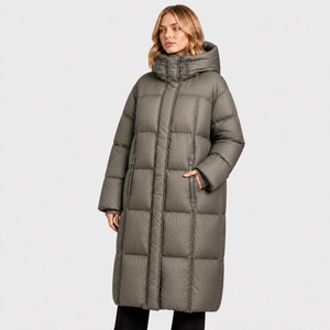 Manteau long à capuche unisexe pour femme, en nylon, couleur unie, style minimaliste, fermeture éclair, rembourrage épais, vêtements d'extérieur - Product Image 1
