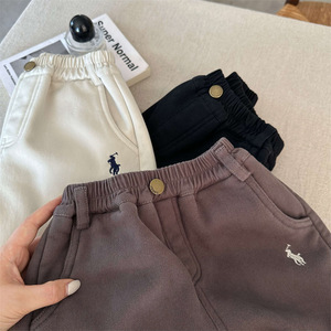 Boys' Casual Fleece Lined Pants Solid Color Cotton Knitted Winter 2024 Thickened Elastic Waist Long Trousers For Toddlers - Product Image 3