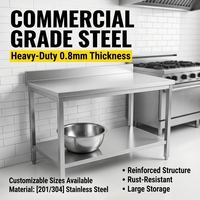 Mesa de Trabajo de Acero Inoxidable Comercial de 0.8mm con Estante Inferior, Protector Trasero y Patas Ajustables, Tamaño Personalizado para Panadería y Cocina