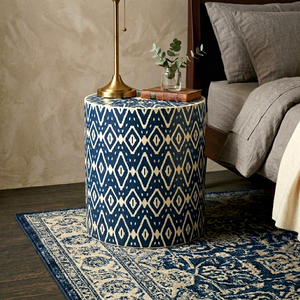 Blue Patterned Side <b>Table</b> Round End <b>Table</b> Farmhouse Accent <b>Table</b> for Bedroom Living Room Hotel Entry - Product Image 1
