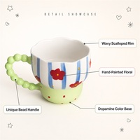 Mug à fleurs peint à la main, 400 ml, tasse à café en céramique avec poignée perlée créative, tasse cadeau d'anniversaire