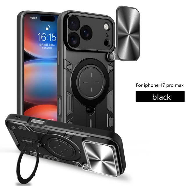 Hard PC TPU Phone Case with Slide Camera Protection for Samsung for iPhone 16 15 14 Pro Max Plus 16e Build-in Phone Holder