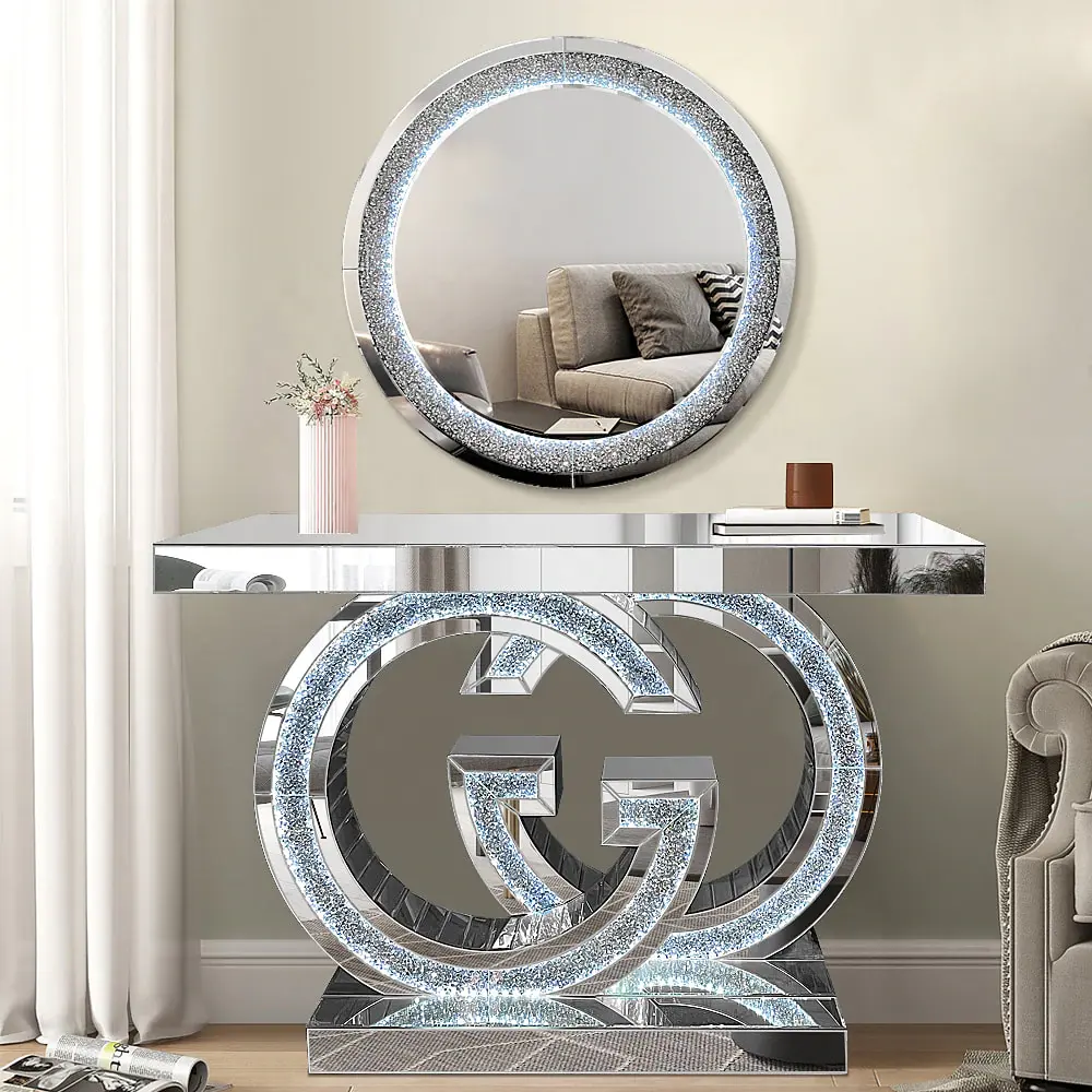 Оптовая продажа, зеркальный светодиодный консольный стол для гостиной с измельченными бриллиантами