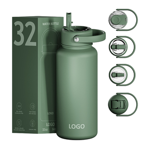 Bouteille d'eau isotherme en acier inoxydable avec logo personnalisé, 18oz, 32oz, 40oz, pour la gym et le sport, avec fond en silicone et paille rabattable - Product Image 1