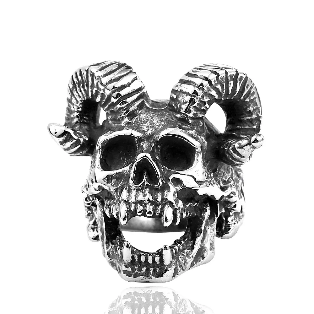 Somen Men Vintage Stainless Steel Casting Punk Satan Sheep Head Skull Ring