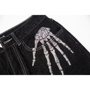 Jean en denim streetwear personnalisé à imprimé squelette pour hommes et femmes, coupe droite, délavé moyen, tricoté, automne, pantalon décontracté et tendance - Product Image 5
