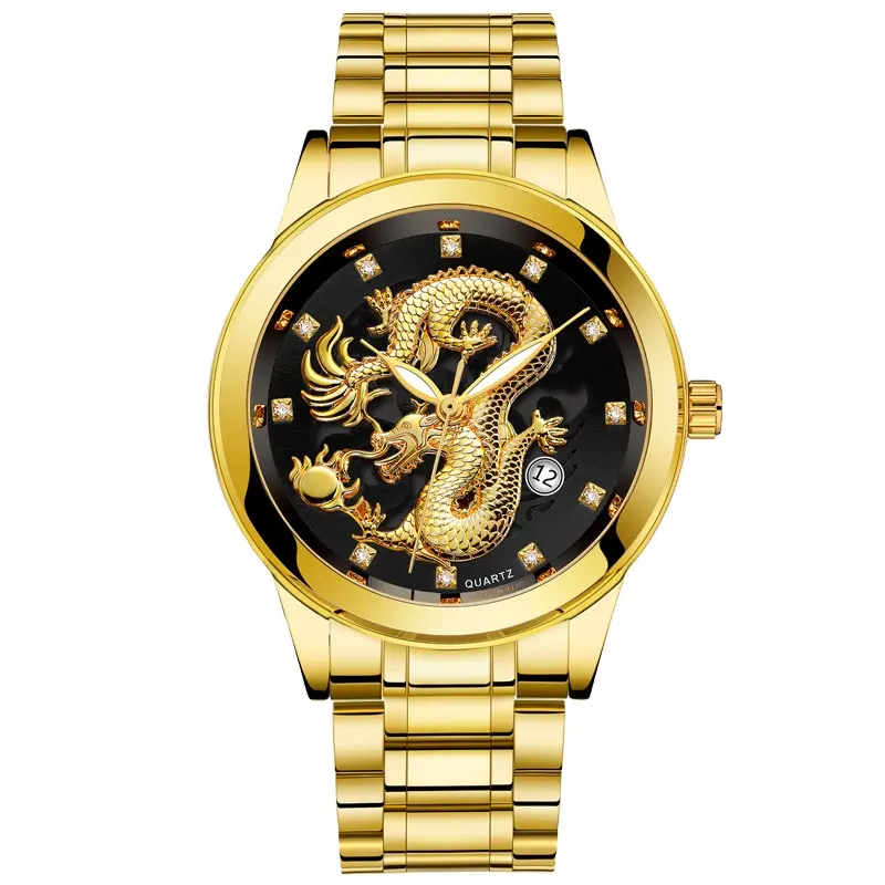 Fashion Bosck Men Waterproof Ultra-thin Stainless Steel Strap Calendar Golden Dragon Watch