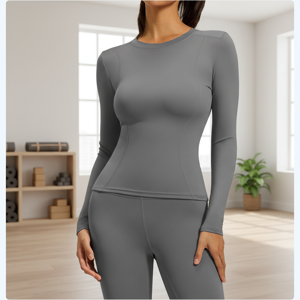 Women's Long-Sleeved Skinny Fit Quick Dry Spandex/Nylon Fitness Yoga Tops Slim Waist Breathable Lightweight Sports Clothes Crew
