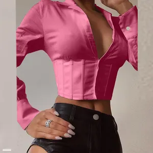 Donna Solid Collare Corsetto Crop Top a maniche lunghe con il tasto polsino della camicetta chiusura a bottone frontale giacca da cocktail da sera