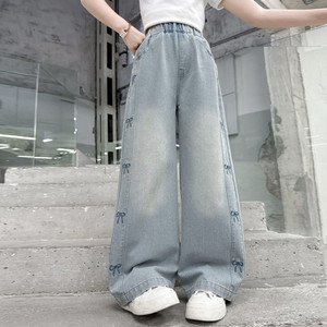 Nouveau <span class=keywords><strong>Jean</strong></span> en Denim Ample et Droit pour Filles, Pantalon <span class=keywords><strong>Large</strong></span> Brodé avec Nœud pour Enfants, Décontracté et Long, Collection Printemps-Automne - Product Image 4