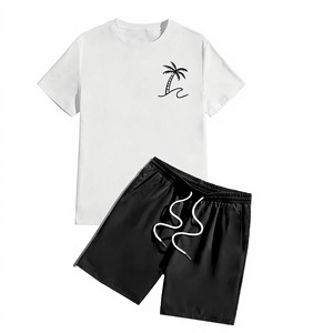 Ensemble T-shirt et short décontracté d'été pour homme, col en V, manches courtes, respirant, imprimé cocotier, T-shirt blanc, short rose à cordon en satin 100% - Product Image 1