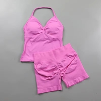 Ensemble de yoga 2 pièces sans couture pour femme, débardeur rembourré à col halter et short froncé rehausseur de fessiers, léger, pour l'été et le sport