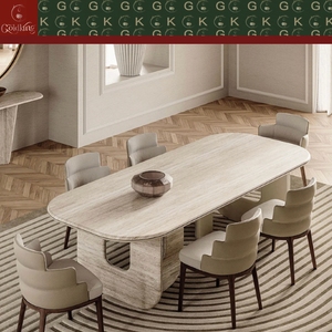 Mesa de Comedor Ovalada Larga de Travertino GOLDKING, Estilo Moderno y Lujoso, con Cubierta de Piedra Beige Claro y Base en Forma de U, Directo de Fábrica - Product Image 4