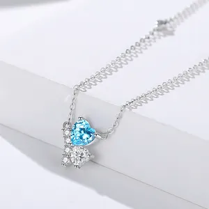 Dainty Cubic Zirconia Micro Pave 925 Sterling Silver Blue Topaz Heart Diamond Geometric Pendant Necklace