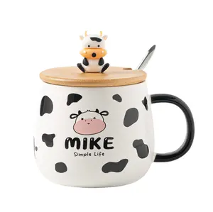 Beautiful Printed Ceramic Milk Cup with 3D Cow on Bamboo Lid