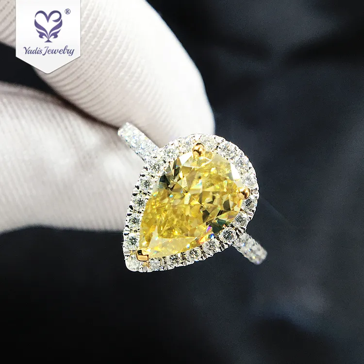 Adis-anillos de boda de moissanita amarilla, joyería fina personalizada de oro de 18K y 14K con corte de pera ewelry