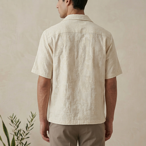 <b>Men's</b> Cotton Poplin Short Sleeve Casual <b>Shirt</b> With Hand Embroidery Geometric Pattern Back Logo Turn-down Collar Summer Wear - Product Image 1