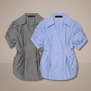 Camisa de Manga Corta a Rayas para Mujer, con Botones y Mangas Abullonadas, Corte Holgado, Informal, Blusa de Algodón Popelina para Primavera/Verano - Product Image 4