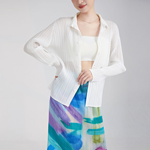 Camisa plisada casual para mujer, Polo de una sola botonadura, manga larga, Miyake, temperamento versátil, cárdigan de viaje, top - Product Image 2