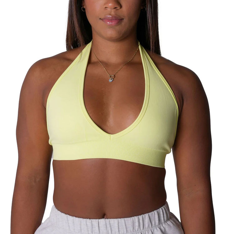 Custom Logo Women Sport Neck Strap Compression Crop Pilates Removable Padding Sexy Gym Deep V Neckline Yoga Bra Soft Sculpt Top