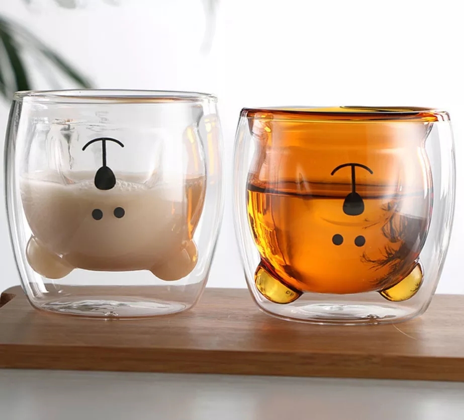 Wholesale 250ml Borosilicate Double Wall Glass Coffee Cup mug In Different Colors Bear Shaped Mug For Drink